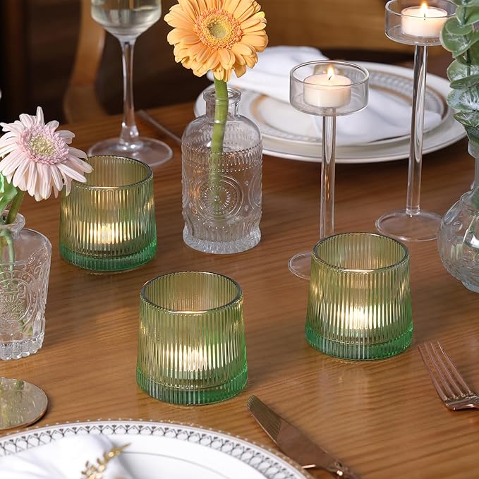DARJEN Green Ribbed Tealight Votive Candle Holders- 6Pack Glass Candle Holders - Image 5