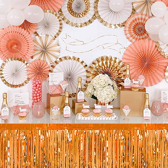 3 Pack Orange Foil Fringe Table Skirts Metallic Tinsel Streamers Garland Banner - Image 6