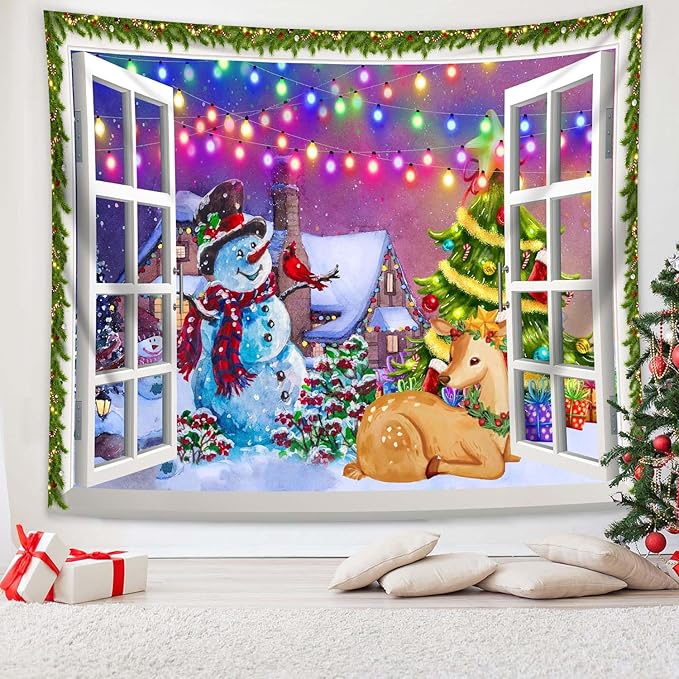 QGHOT Christmas Window Tapestry Wall Hanging, Christmas Backdrop Winter Window by QGHOT