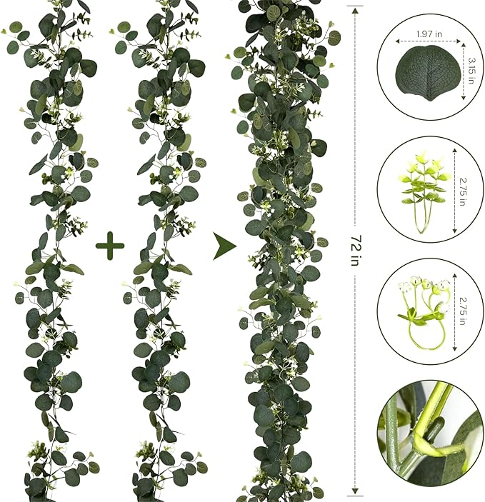 Eucalyptus Garland, 2 Packs 6FTGreen Flower Garland Decor, Artificial Faux - Image 2