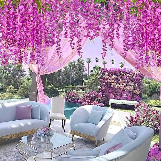 24 Pack Artificial Fake Wisteria Vine Ratta Hanging Garland Silk Flowers String - Image 5