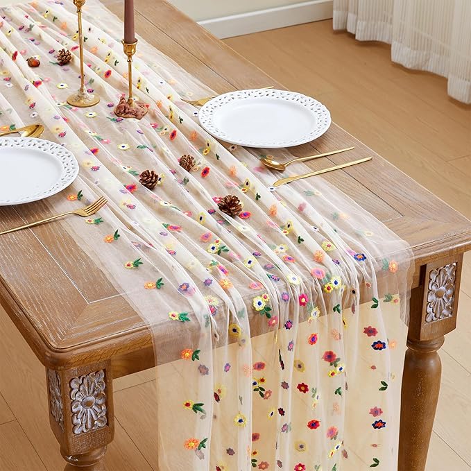 JIALE Champagne Floral Table Runner, Embroidery Daisy Seasonal Table Decorations by JIALE