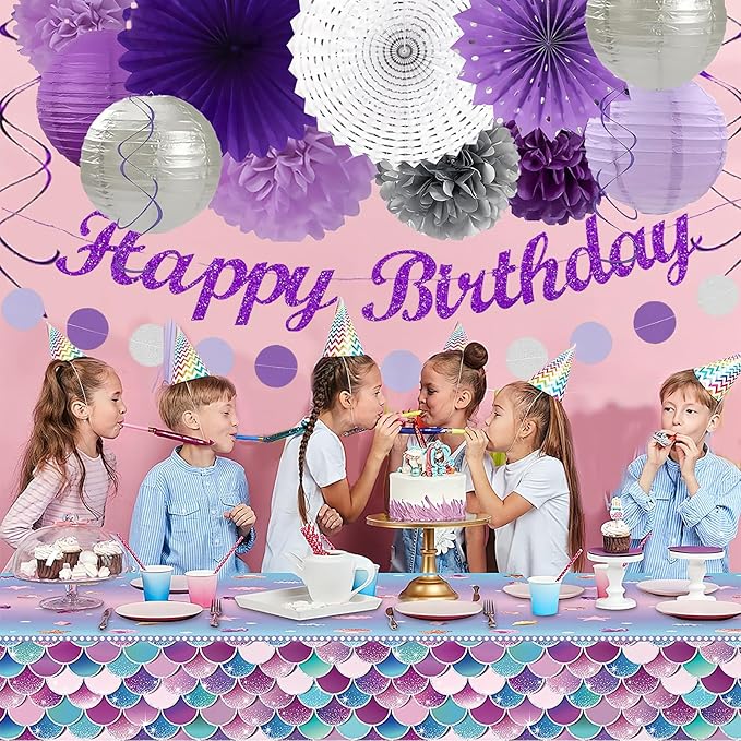 Purple and Silver Party Decorations-21PCS Happy Banner, Paper Lanterns Streamers - Image 2