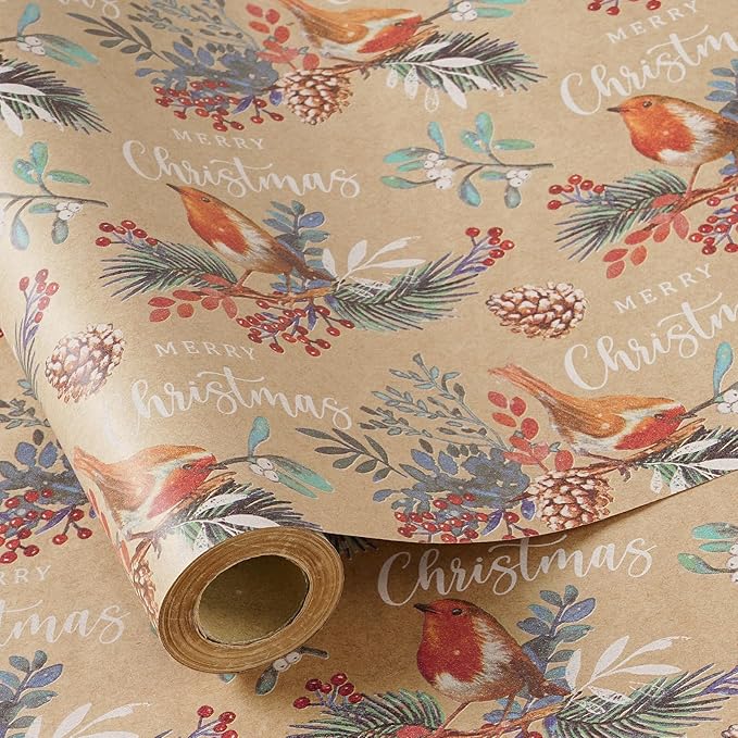 RUSPEPA Kraft Christmas Wrapping Paper Roll, Mini Roll, Vintage Bird on Pine by RUSPEPA