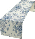 Chinoiserie Flower Table Runner, Seasonal Spring Fall Plants Blue Florals by SHElifestyle