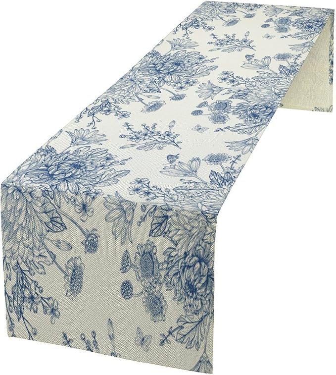 Chinoiserie Flower Table Runner, Seasonal Spring Fall Plants Blue Florals by SHElifestyle