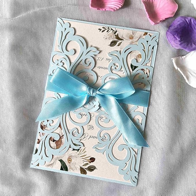25PCS Light Blue Laser Cut Wedding Invitations Cards - Image 3