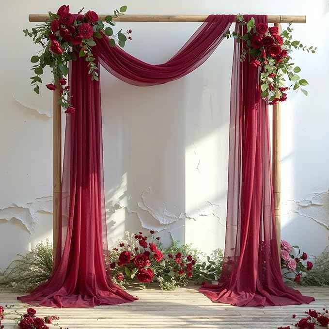 PARTISKY Wedding Arch Draping Fabric, 2 Panels Burgundy Sheer Backdrop Curtain - Image 3