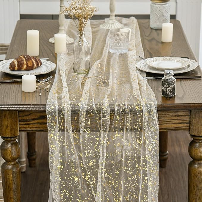 Artoid Mode 6Pcs Beige Gold Gauze Table Runner 120 Inch 10FT, Glitter Metallic - Image 2