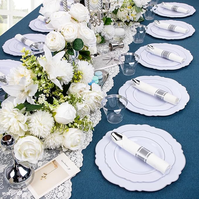 Liacere 350PCS Silver Plastic Plates-Disposable White and Silver Plates 50guest - Image 3