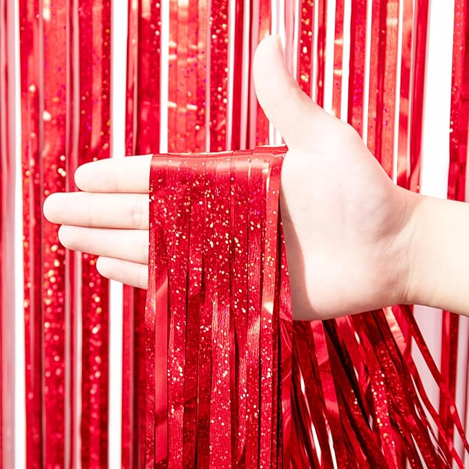 2 Pack Red Tinsel Foil Fringe Curtains, Metallic Tinsel Party Streamers Backdrop - Image 2