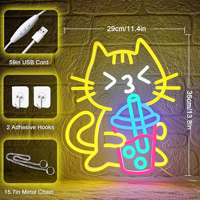 Cat Boba Tea Neon Sign Yellow Cat Led Neon Signs - Image 3