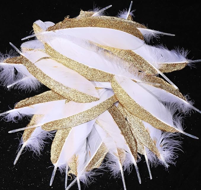 BABEYOND 42 Pcs 1920s Gatsby Gold Dipped Feather Natural Décor Glitter Feather - Image 5