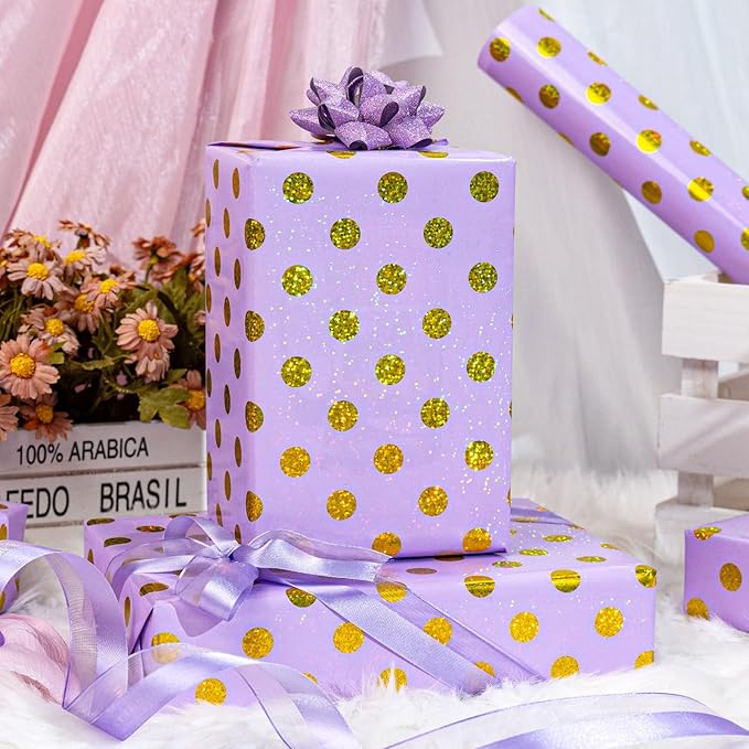 Burymento Purple Holographic Dots Wrapping Paper, Reversible Gold Gift Wrap - Image 3