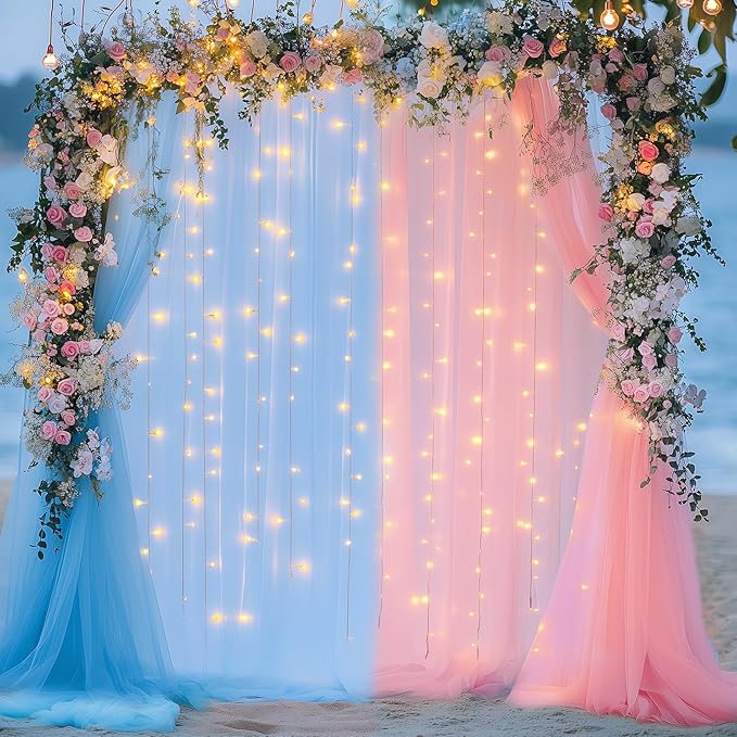 Tulle Backdrop Curtain with Lights String 10FT X 8FT Pink and Blue Sheer Tulle - Image 7