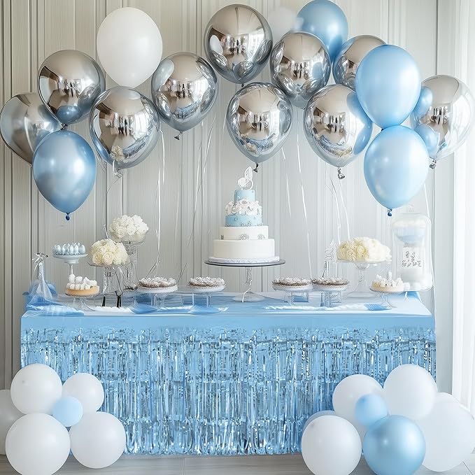 4 Pack Light Blue Table Skirts, 29x108" Metallic Foil Tinsel Fringe Table Skirts - Image 2