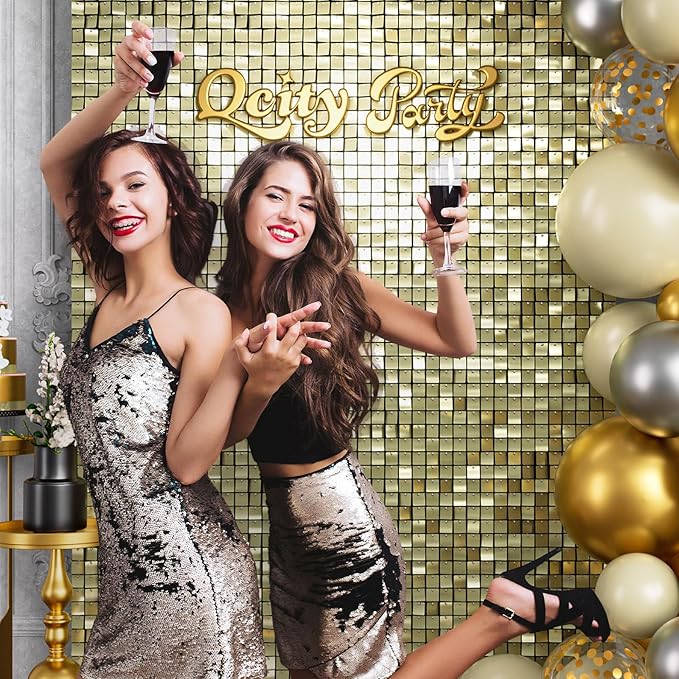 Qcity Light Gold Shimmer Wall Backdrop 24PCS, Square Sequin Glitter Backdrop - Image 8