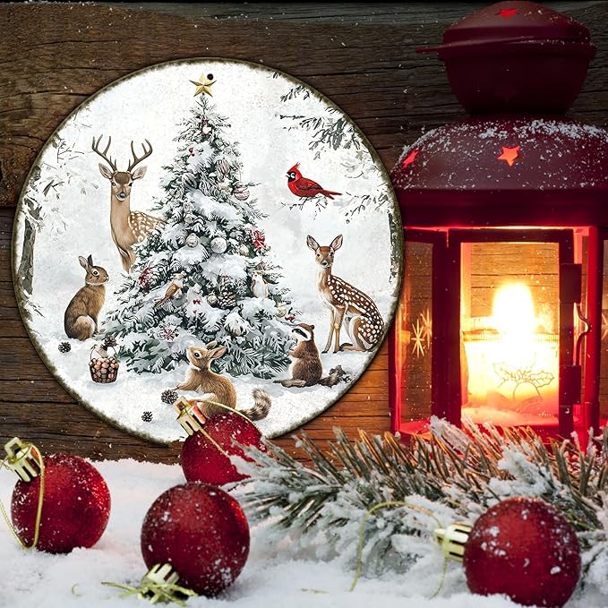 Round Christmas Snow Animals Metal Tin Sign - Image 5