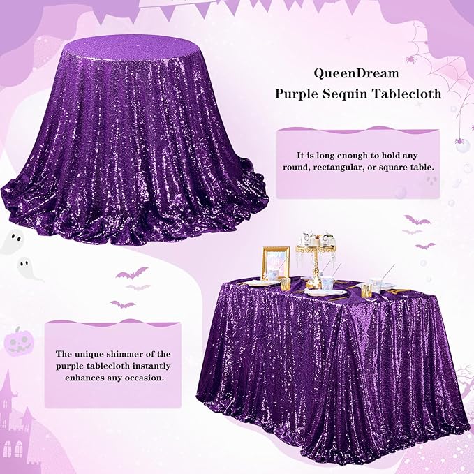 QueenDream Purple Tablecloth Sequin Fabric Table Cloths 90x90 Inch Halloween - Image 3