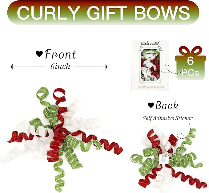 6" Metallic Glitter Red and Lime Green Self Adhesive Curly Ribbon Gift Wrap Bows - Image 2