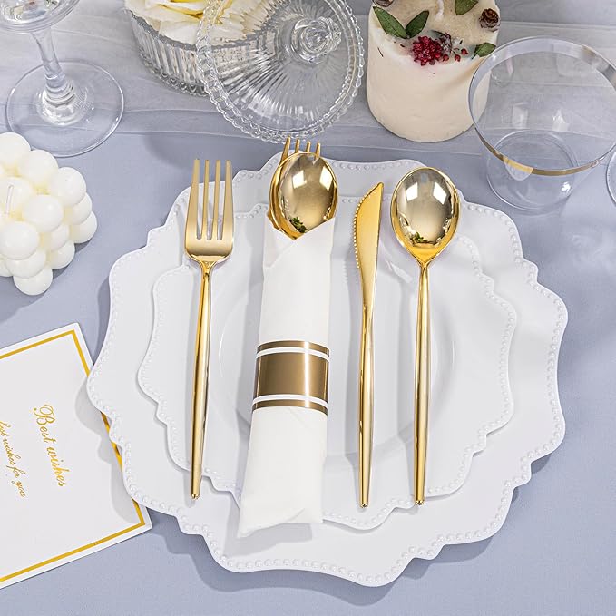 COLOSUS 350pcs White Plastic Plates Disposable Gold Cutlery Dinnerware set - Image 5
