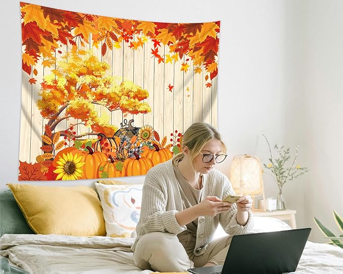 QGHOT Fall Tapestry Wall Hanging Autumn Photo Backdrop Rustic Orange Wood - Image 3