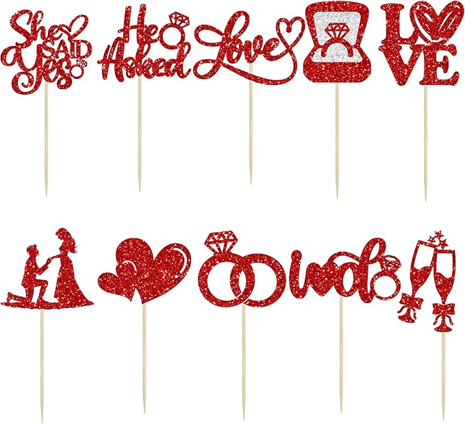 Ephlyn 30Pcs He Asked She Said Yes Cupcake Toppers Glitter Engagement Cupcake - Image 3