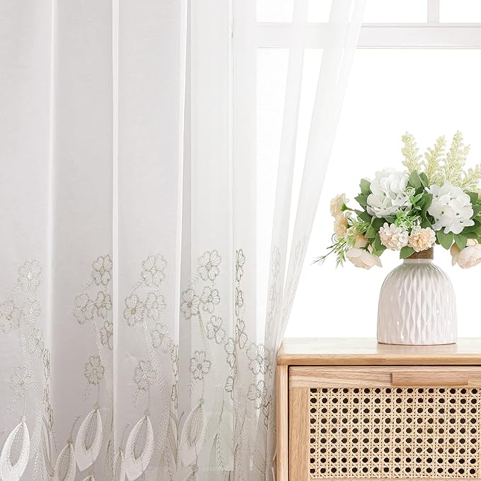 VISIONTEX White Sheer Voile Curtains, Decorative White Embossed Drip Rod Pocket - Image 8