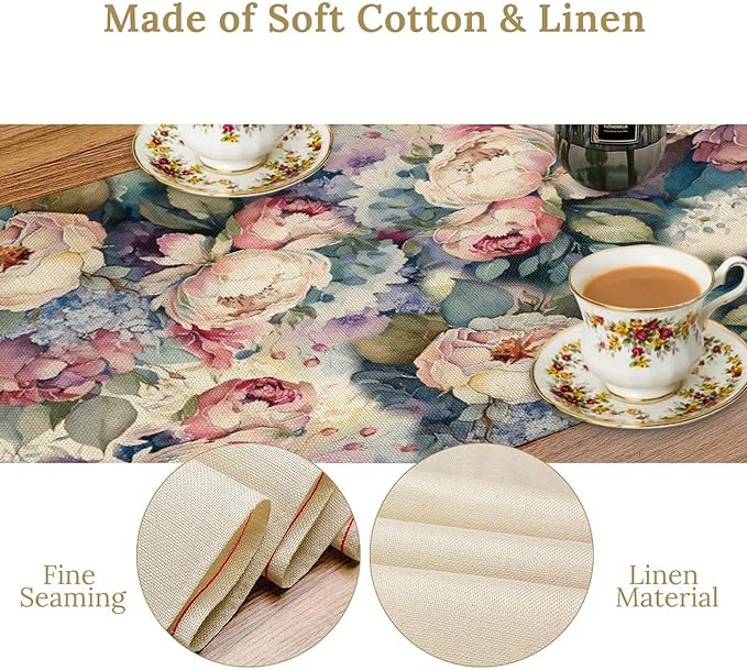 Vintage Floral Table Runner, Girls Women Rose Romantic Leaf Botanical - Image 4