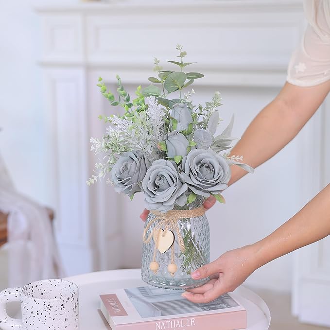 Faux Flowers with Vase, Artificial Silk Roses in Vase, Fake Plant Eucalyptus - Image 5