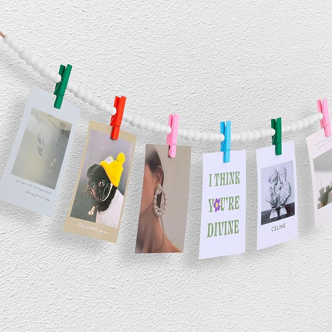 Hanging Photo Display Wall Decor, Wooden Bead Garland Collage Picture Frame - Image 2