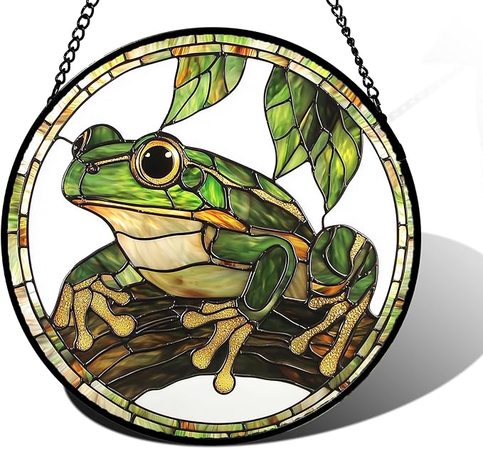 Stained Glass Window Hanging, Frog Green Leaf Sun Catchers Colorful Glass Panel by DASTOLL