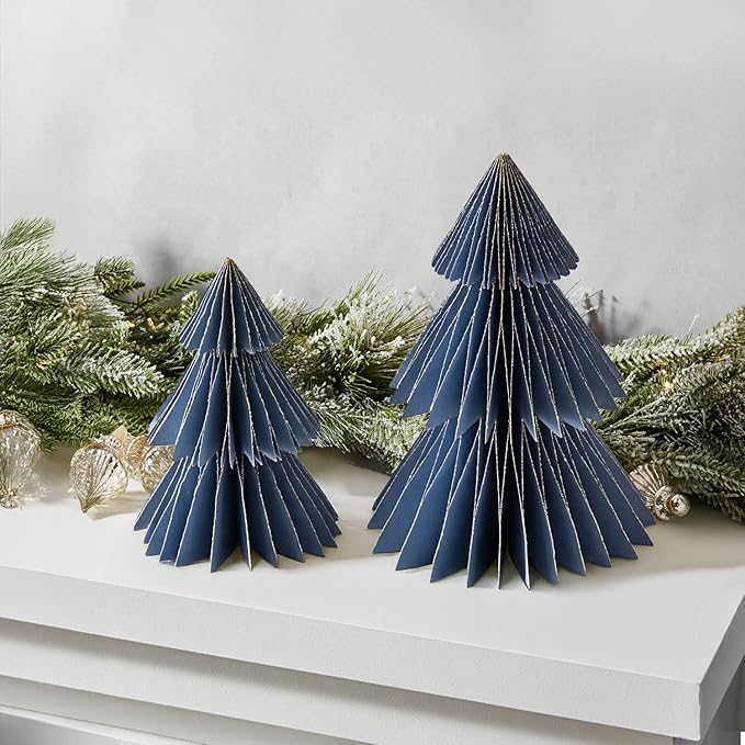LampLust Winter Ornaments, 2 Pack Dusty Blue Honeycomb Paper Trees, 6 & 8 in by LampLust