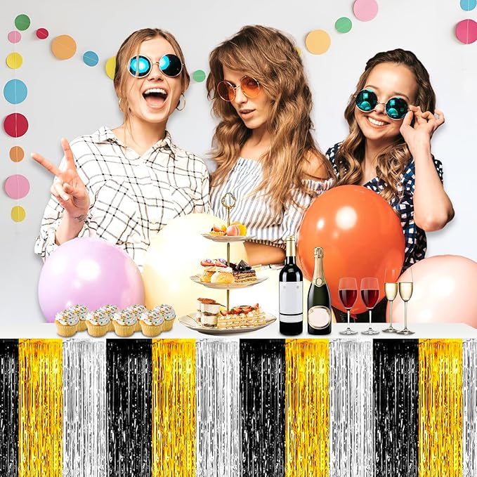3 Pack 29 x108 Inch Black Gold Silver Foil Fringe Table Skirts Metallic Banner - Image 4