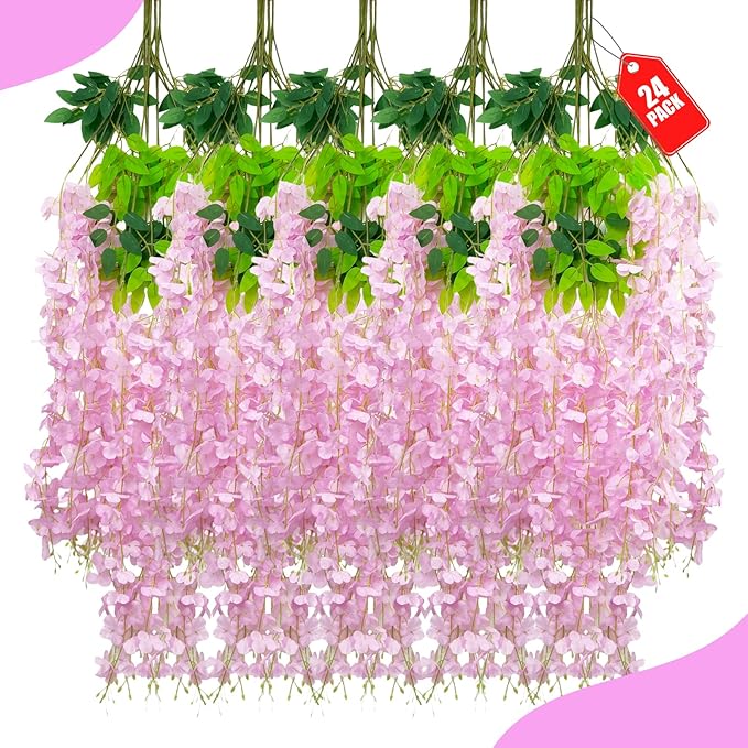 24 Pack Pink Wisteria Hanging Flowers, 3.4 Ft Fake Hanging Flowers, Artificial by ZEBMOON