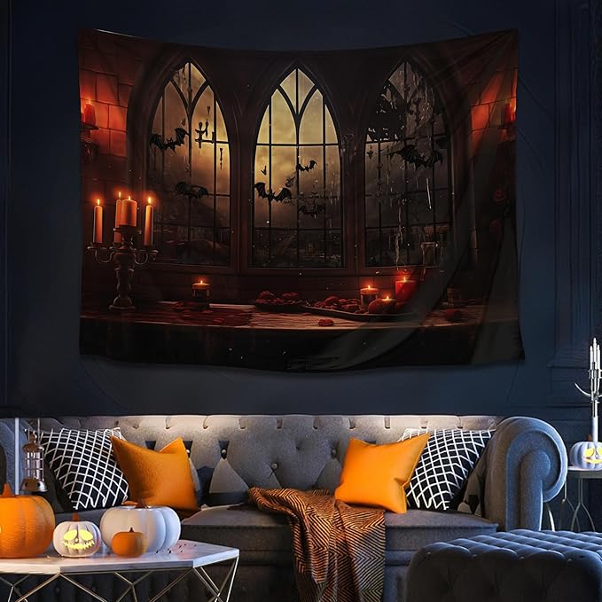 QGHOT Halloween Tapestry Wall Hanging Horror Castle Window Tapestry Gothic - Image 2