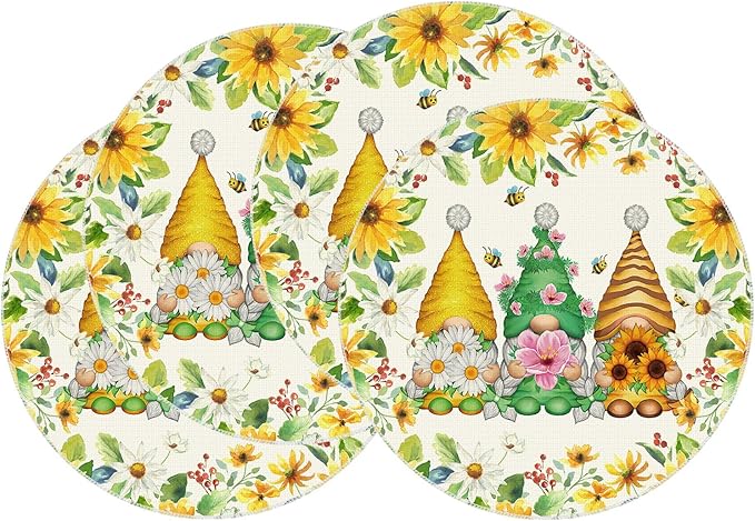 XCHI Daisies Flowers Gnomes Spring Round Placemats Set of 4 Table Mats Summer by XCHI
