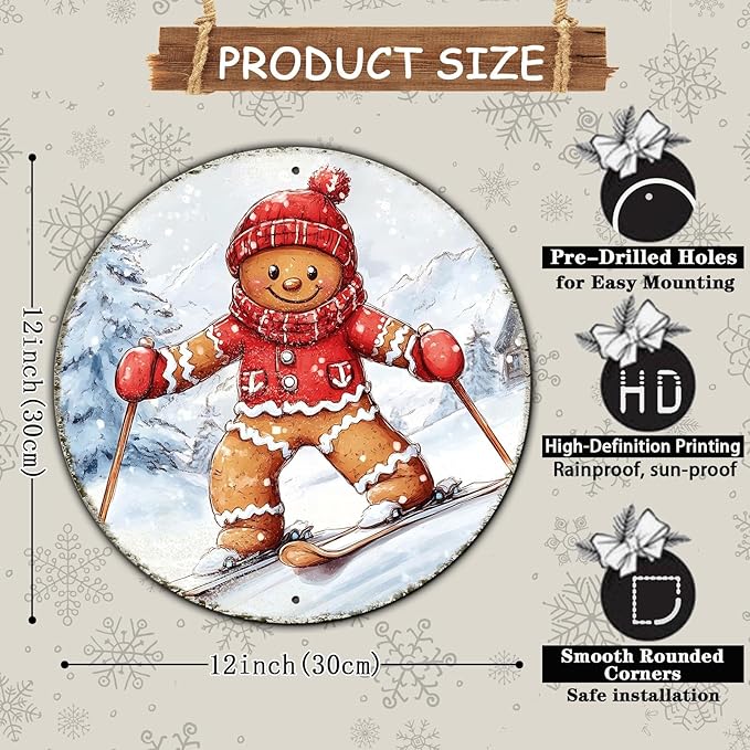 Round Gingerbread Man Ski Vintage Metal Sign Skiing Sign, Office Sign Home - Image 2