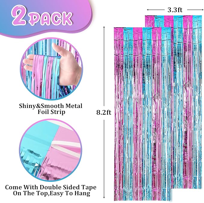 2 Pack 3.3x8.2 Feet Blue and Pink Foil Fringe Backdrop Curtains, Tinsel - Image 3