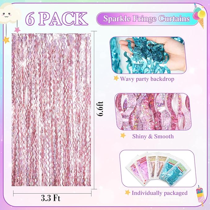 Jutom 6 Pieces 3.3 x 6.6 ft Wavy Tinsel Foil Fringe Curtains Foil Fringe - Image 2