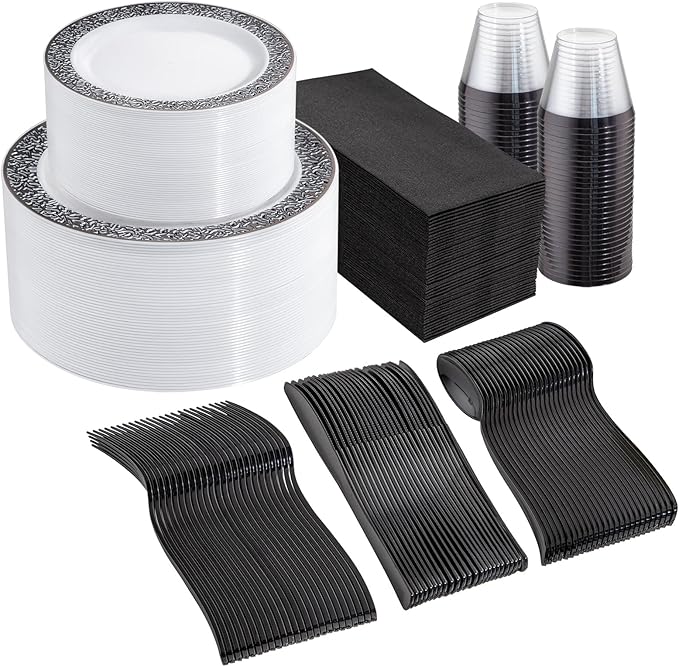 WELLIFE 350Pcs Black Plastic Dinnerware and Napkins Party Supplies Include:50 by WELLIFE
