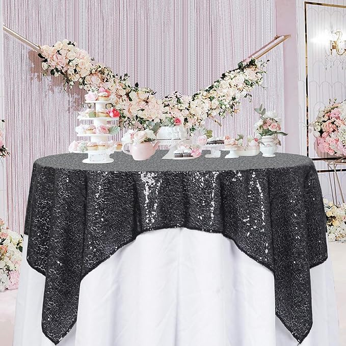ShinyBeauty Black Tablecloths 36X36 Inch 2 Pieces Sequin Table Cloth - Image 2