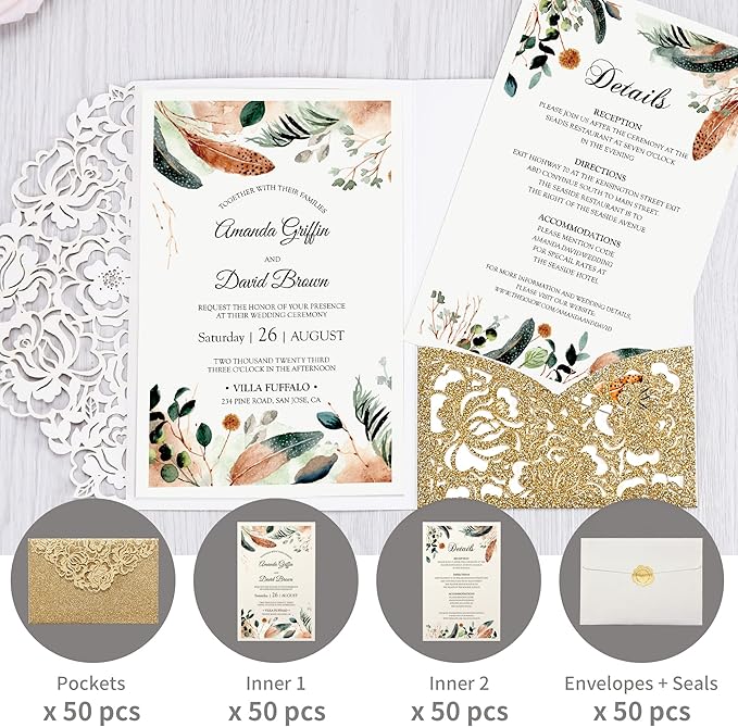 DORIS HOME 50pcs Laser Cut Wedding Invitations - Image 3