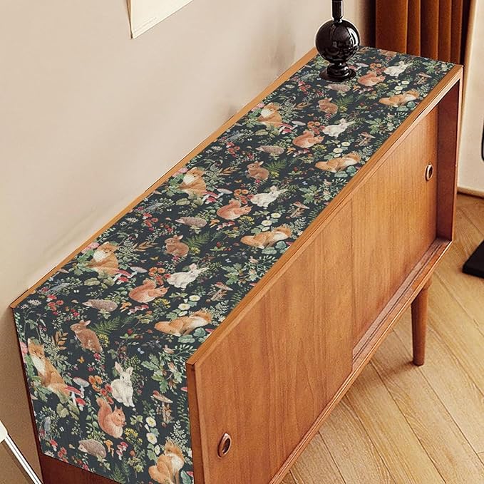 Rustic Woodland Table Runner, Farmhouse Forest Animals Mushroom Country Lodge - Image 2