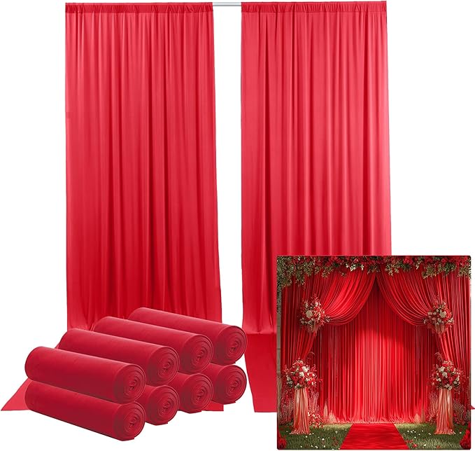40ftx12ft Wrinkle Free Red Backdrop Curtain, 8 Panels 12FT Height Red Wedding - Image 5