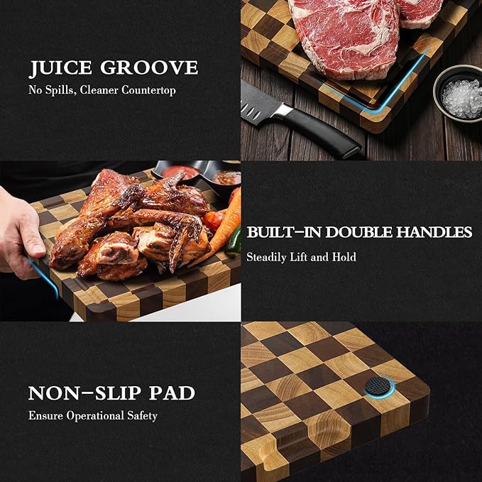 Checkered Cutting Boards for Kitchen, Wood Cutting Board Sets, Walnut Rubber & - Image 4