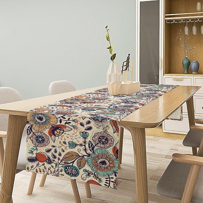 Boho Floral Table Runner, Vintage Flowers Tropical Plants Country Style Table - Image 2