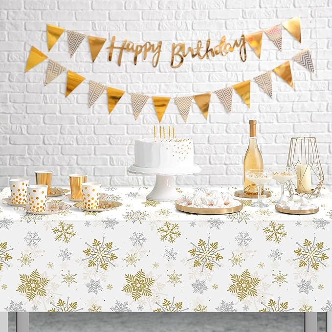 12Pcs Christmas Snowflake Party Tablecloths Decorations, Plastic White and Gold - Image 5