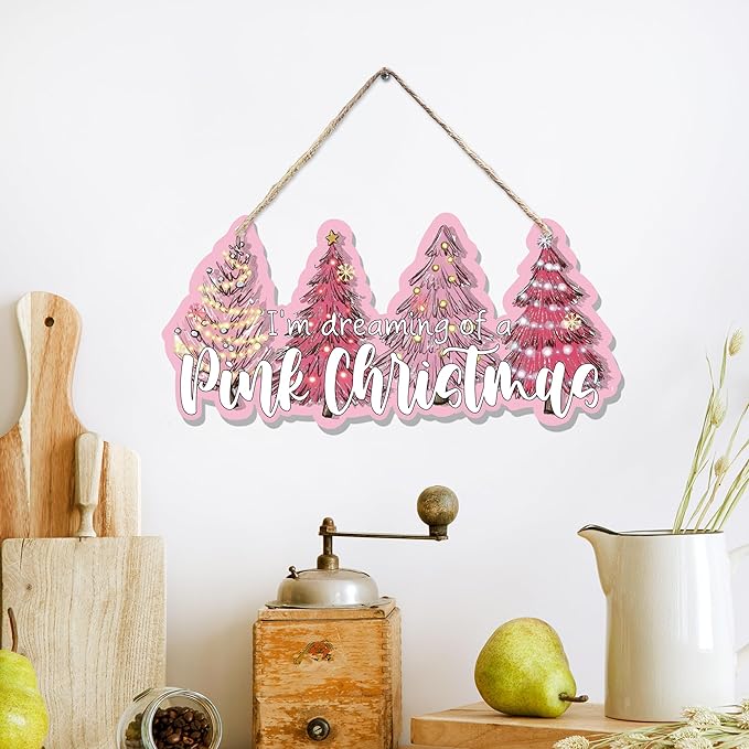 CGBHW Pink Christmas Tree Wooden Sign, I’m Dreaming of a Pink Christmas - Image 3