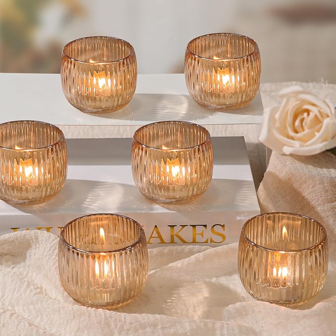Set of 6 Ribbed Glass Votive Candle Holders, and Home Decor by SHOHAYTO